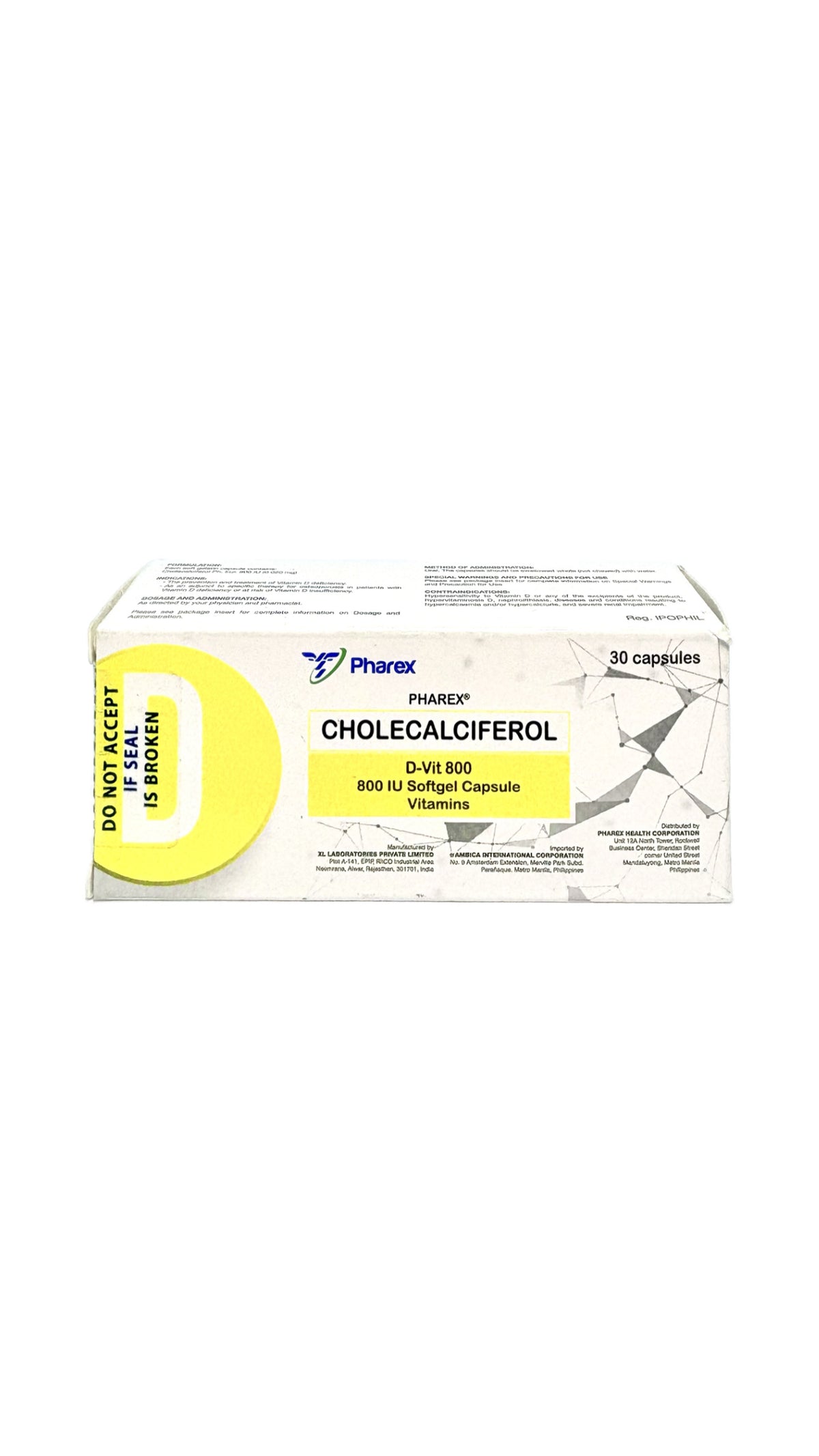 Pharex D-Vit 800IU SG Cap 30 Cholecalciferol (D3) 800IU 800IU